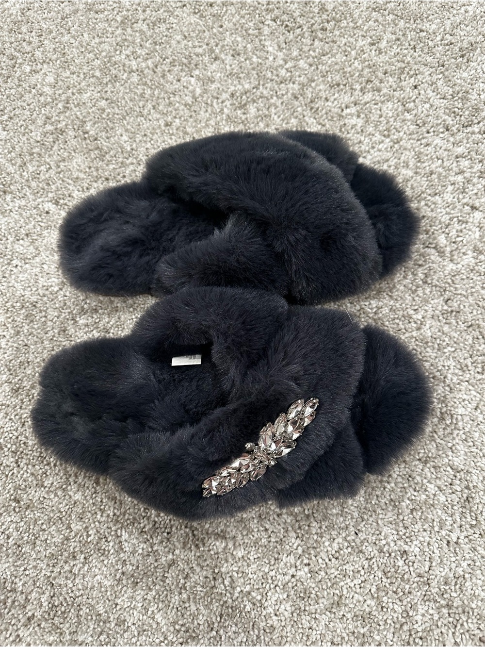 Express Black Faux-Fur Crystal-Embellished Slip-On Slippers